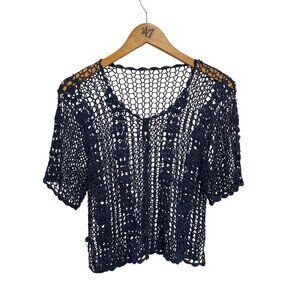 Y2K Crochet Top Scoop Short Sleeve Sz Medium Scalloped Edge Navy Blue Cover Up
